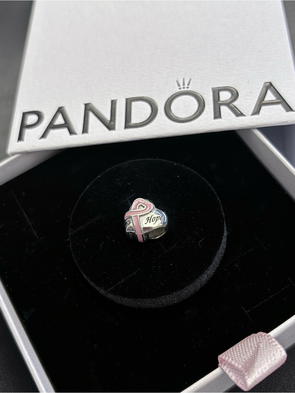 Pandora Sterling Silver Heart Charm with Pink Ribbon and 'Hope' Engraving